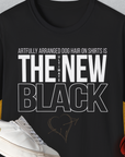 Black unisex t-shirt with a white quote: Artfully arranged dog hair on shirts is the ultimate new black. Perfect for dog owners looking for a funny shirt. Designed by Dog Gang.