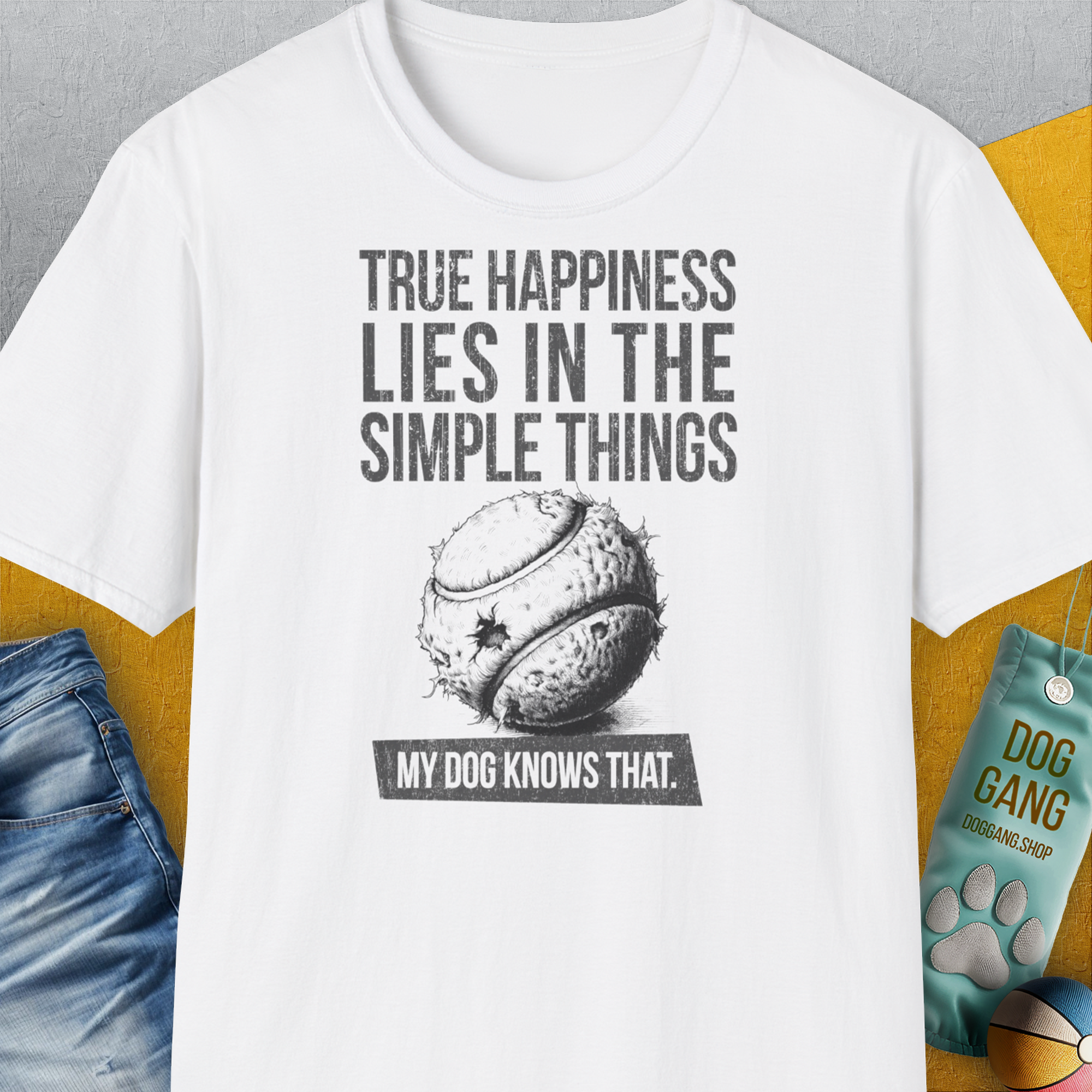 True Happiness Series One, Volume 1, Unisex T-Shirt, lustiger Spruch mit Hund. Für humorvolle Hundefreunde. Design by Dog Gang