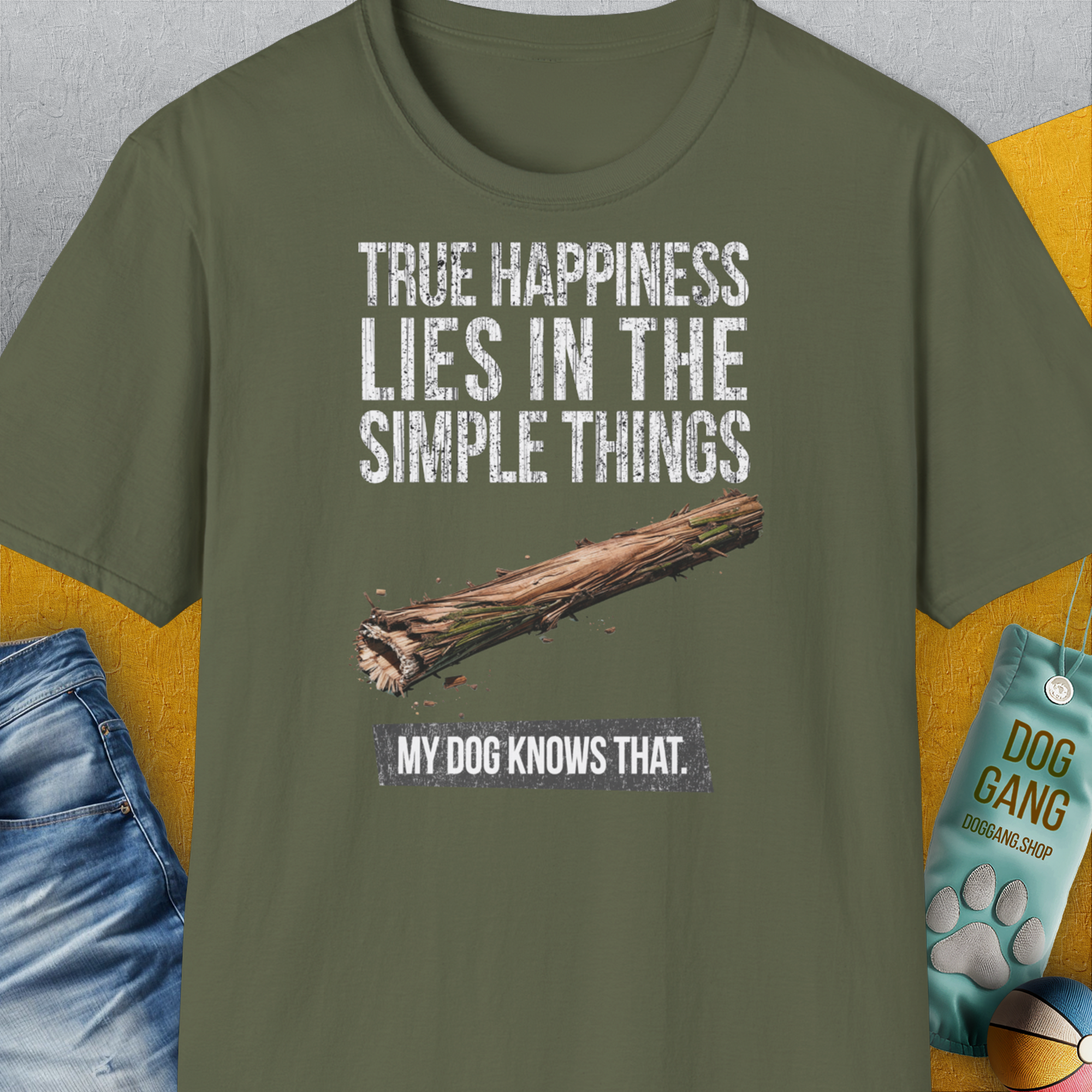 True Happiness Series One, Volume 2, Unisex T-Shirt-Military Green-bequemes Softstyle - Tshirt. Lustiger Spruch mit Hund. Für Hundefreunde, in- und outdoor. Design by Dog Gang