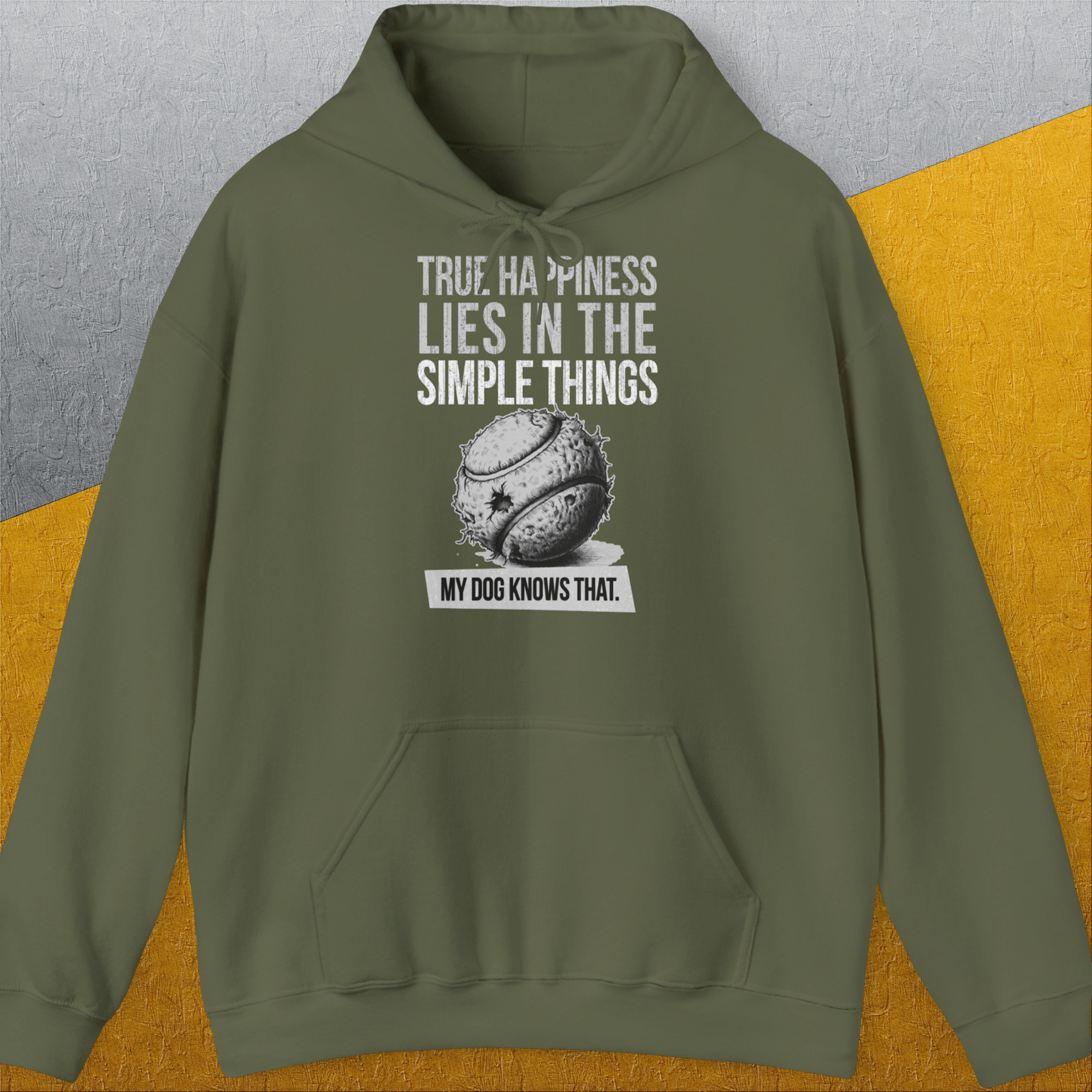 True Happiness Series One, Volume 1, Unisex Hoodie-Military Green. A perfect gift for dog lovers and dog owners. Design by Dog Gang