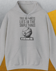 Sport Grey hoodie featuring a tennis ball graphic with the quote: True Happiness Lies in the Simple Things. My Dog Knows That. Perfect for any dog lover. Designed by Dog Gang.