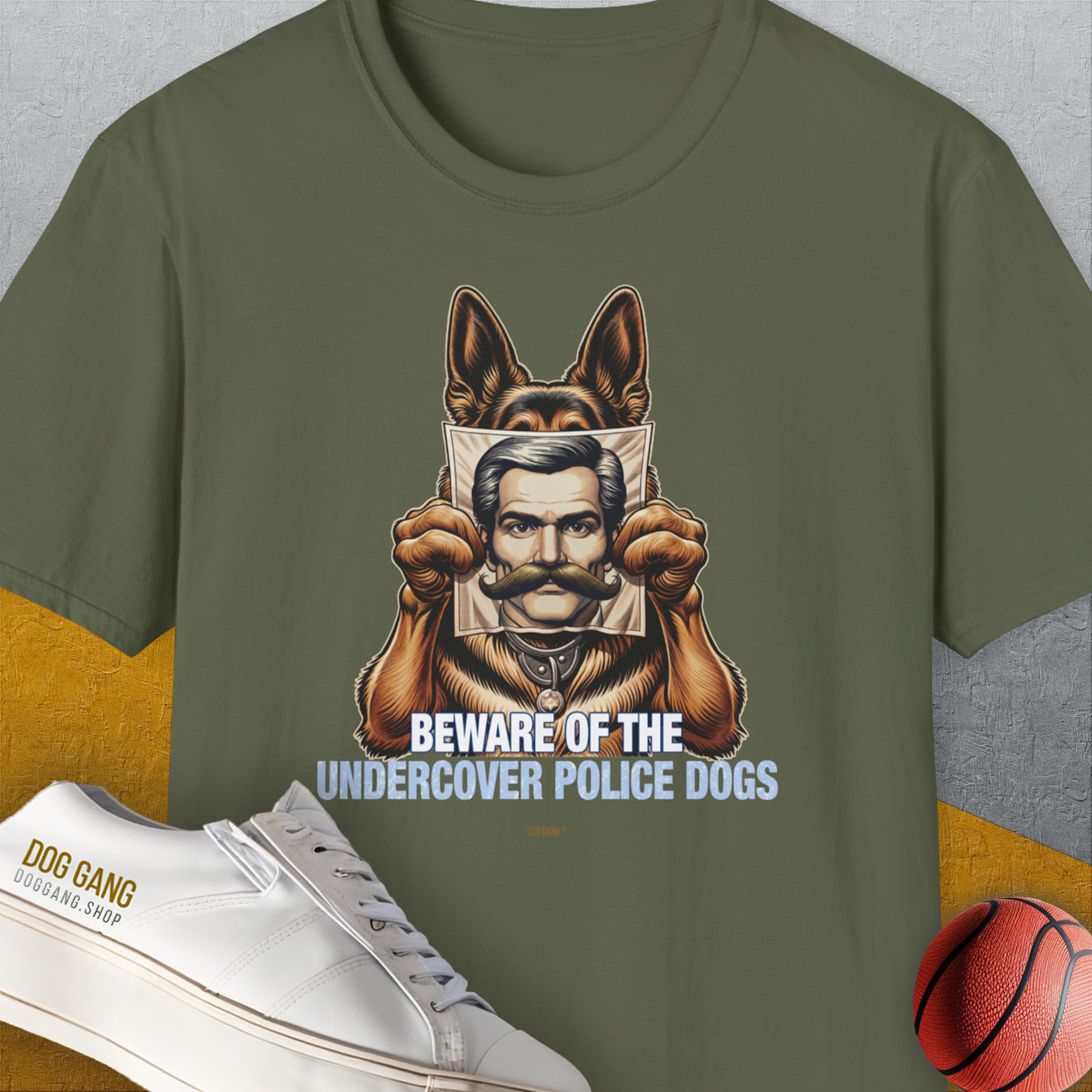 Beware Of The Undercover Police Dogs, Volume 1, Unisex T-Shirt-Military Green, Design by Dog Gang