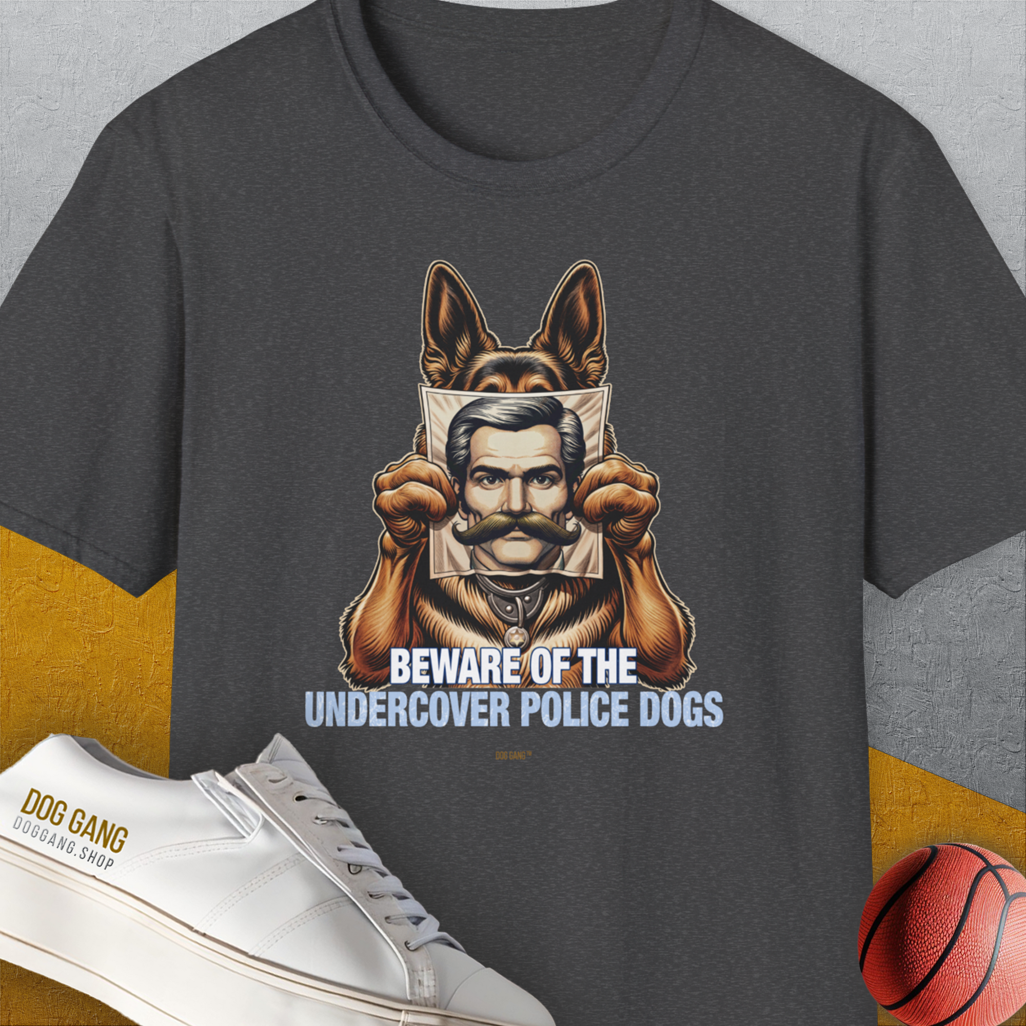 Beware Of The Undercover Police Dogs, Volume 1, Unisex T-Shirt-Dark Heather, Design by Dog Gang