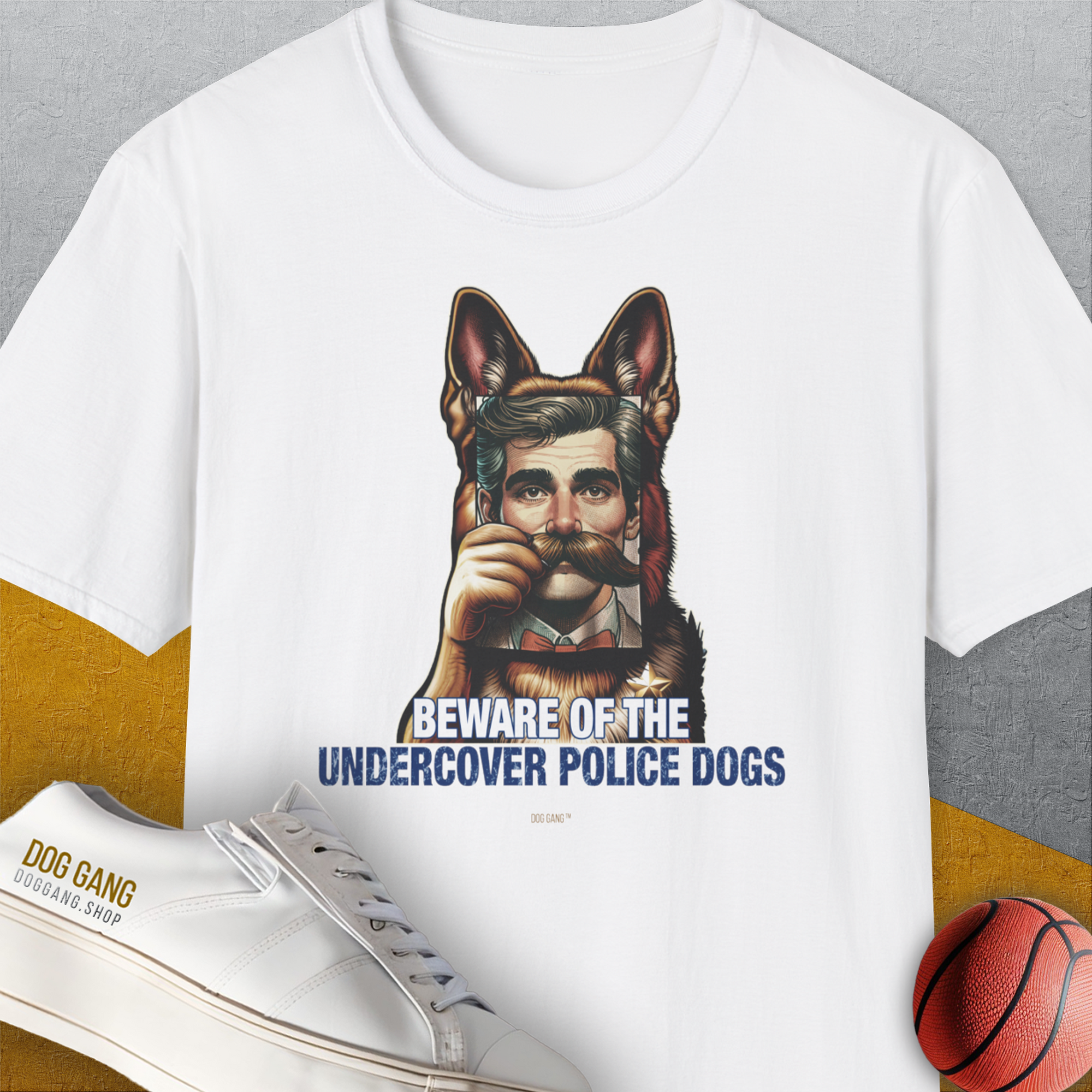 Beware Of The Undercover Police Dogs, Volume 2, Unisex T-Shirt-White. A perfect gift for dog lovers and dog owners. Design by Dog Gang