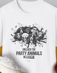 Unleash-Series (Party Animals), Volume 1, Unisex T-Shirt-White. A perfect gift for dog lovers and dog owners. Design by Dog Gang