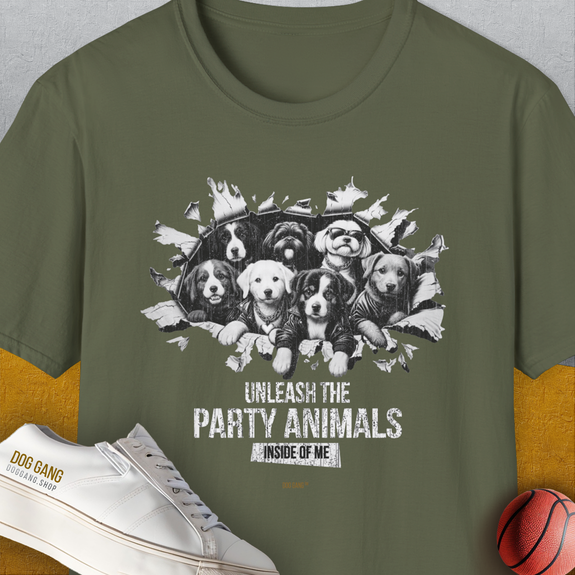 Unleash-Series (Party Animals), Volume 1, Unisex T-Shirt-Military Green, Design by Dog Gang
