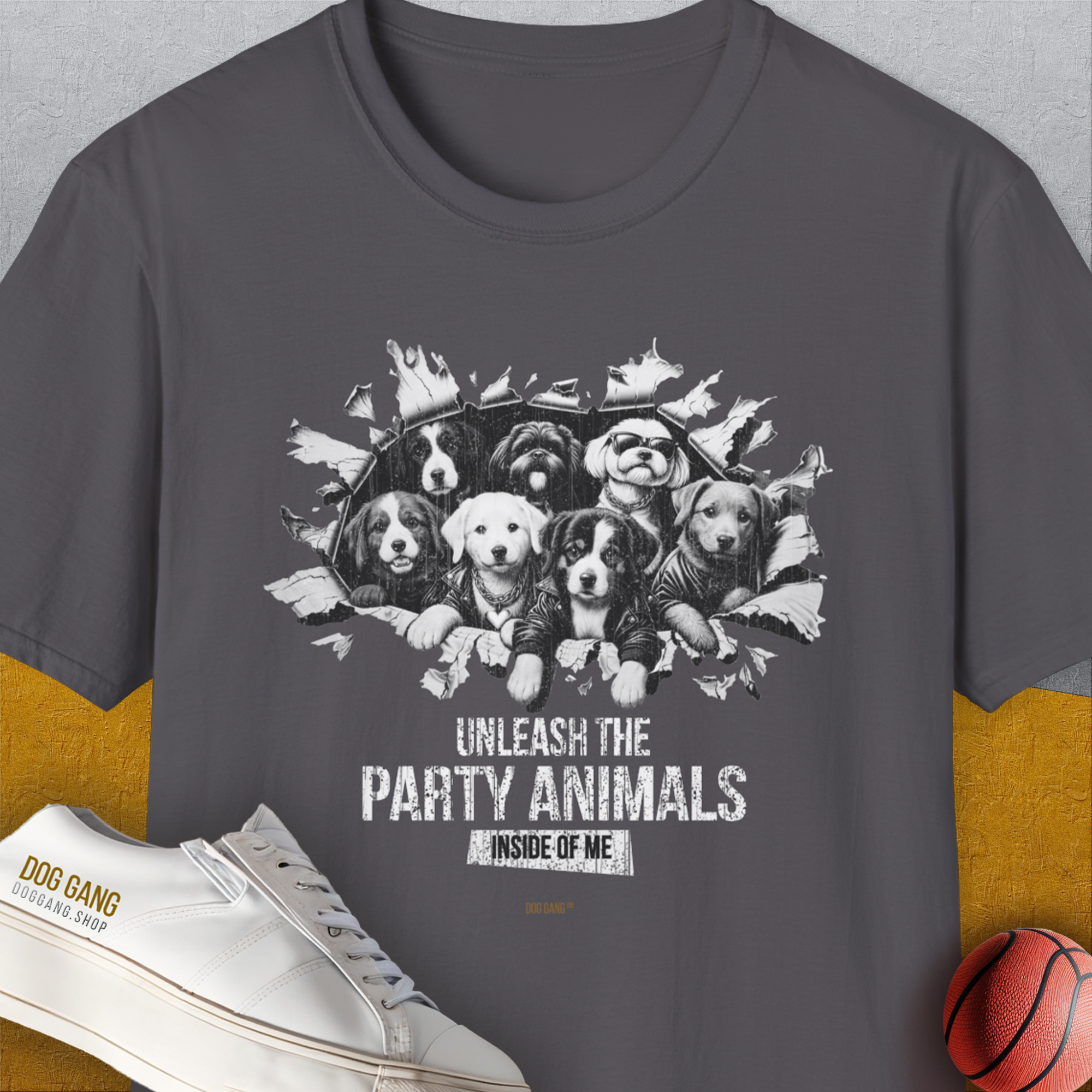 Unleash-Series (Party Animals), Volume 1, Unisex T-Shirt-Charcoal, Design by Dog Gang
