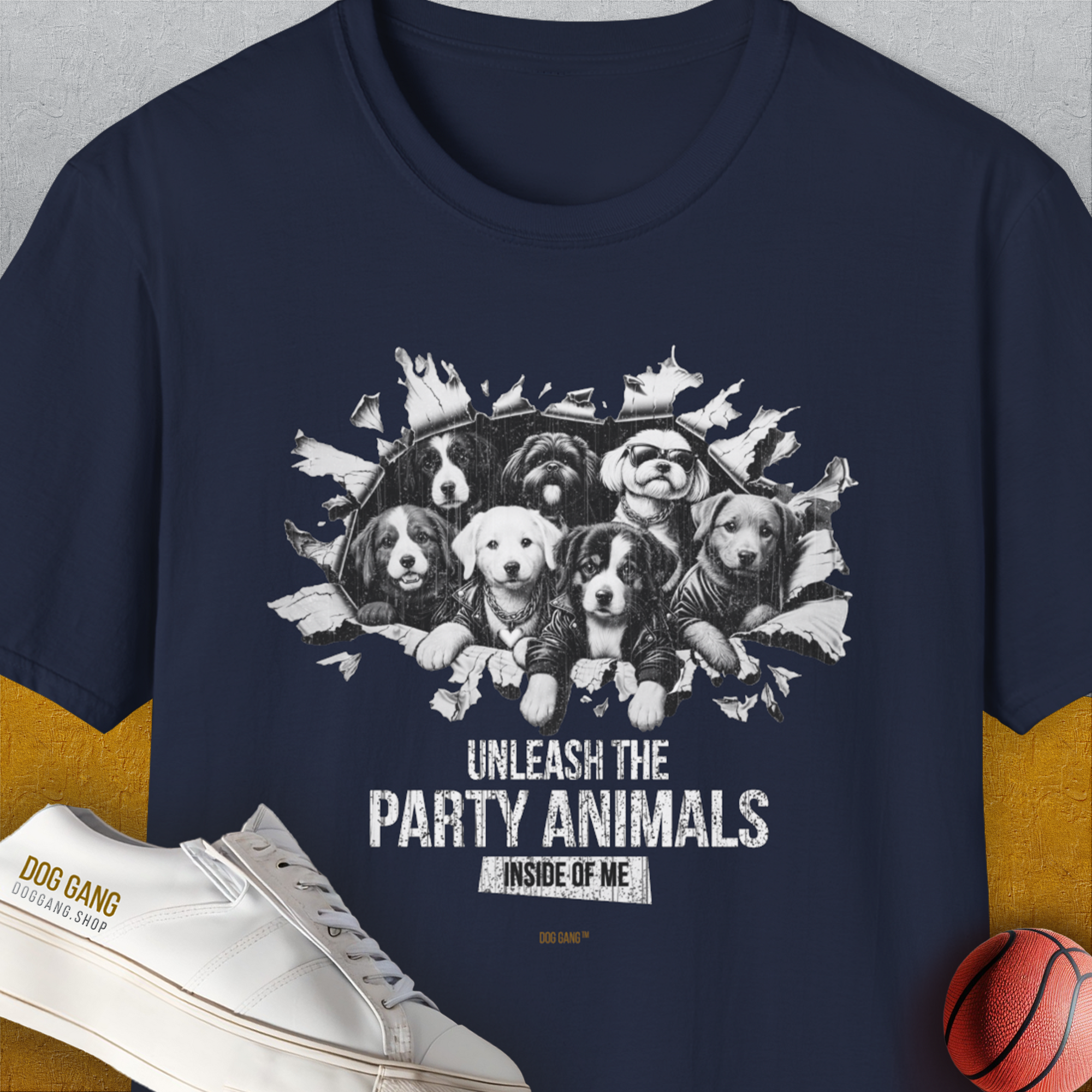 Unleash-Series (Party Animals), Volume 1, Unisex T-Shirt-Navy, Design by Dog Gang
