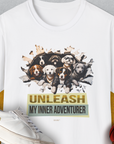 Unleash-Series (My Inner Adventurer), Volume 2, Unisex T-Shirt-White. A perfect gift for dog lovers and dog owners. Design by Dog Gang
