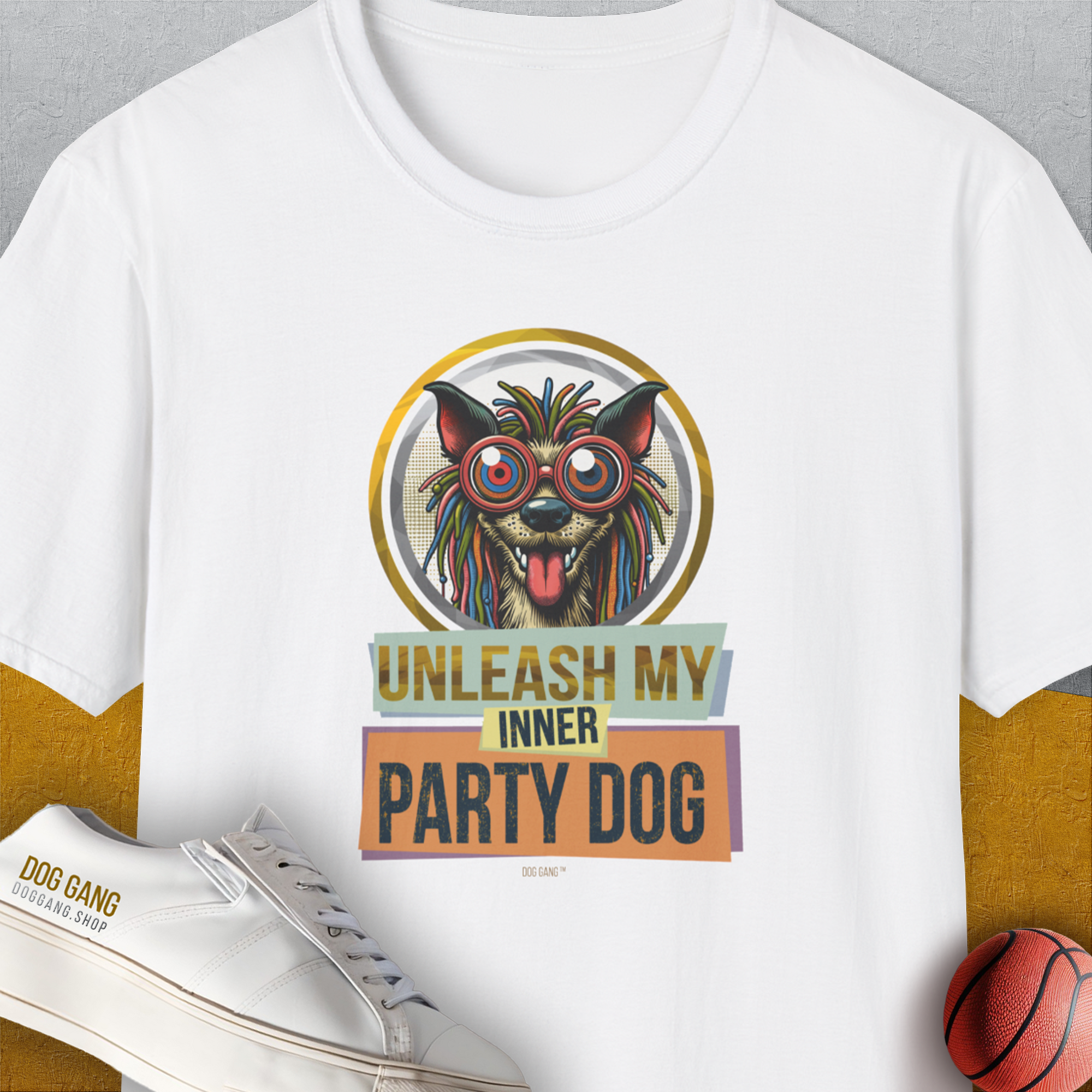 Unleash-Series (My Inner Party Dog), Volume 3, Unisex T-Shirt-White. A perfect gift for dog lovers and dog owners. Design by Dog Gang