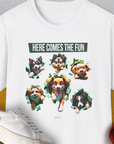 Unleash-Series (Here Comes The Fun), Volume 4, Unisex T-Shirt-White. A perfect gift for dog lovers and dog owners. Design by Dog Gang