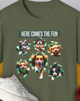 The Unleash-Series Volume 4 T-shirt, military green, 100% cotton, showcases six cartoon dogs with the saying Here Comes the Fun. A must-have for any dog person. Designed by Dog Gang.