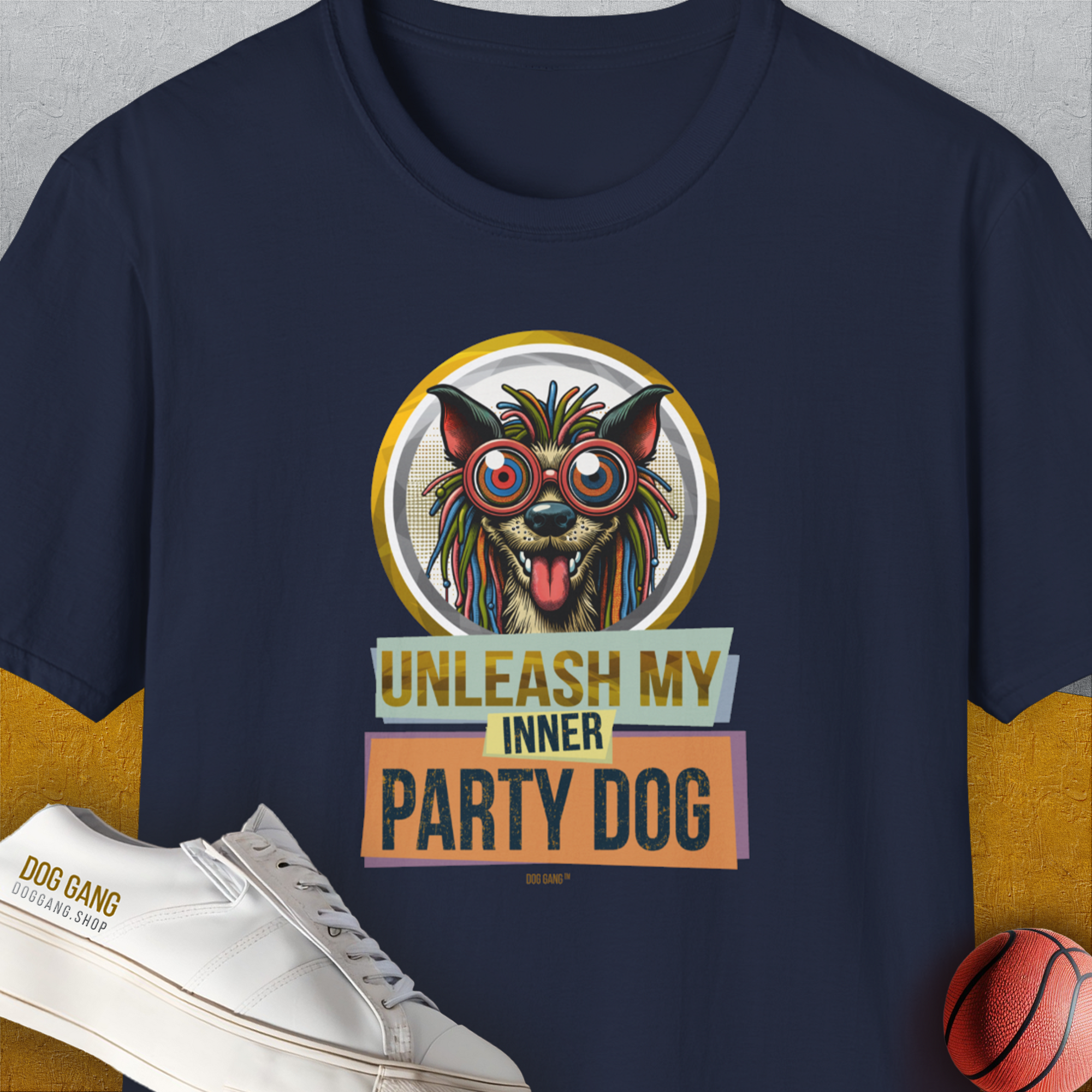 Unisex navy t-shirt with a weird and funny cartoon dog in glasses and the text UNLEASH MY INNER PARTY DOG. Perfect funny dog shirt for any casual look. Designed by Dog Gang.