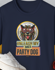 Unisex navy t-shirt with a weird and funny cartoon dog in glasses and the text UNLEASH MY INNER PARTY DOG. Perfect funny dog shirt for any casual look. Designed by Dog Gang.