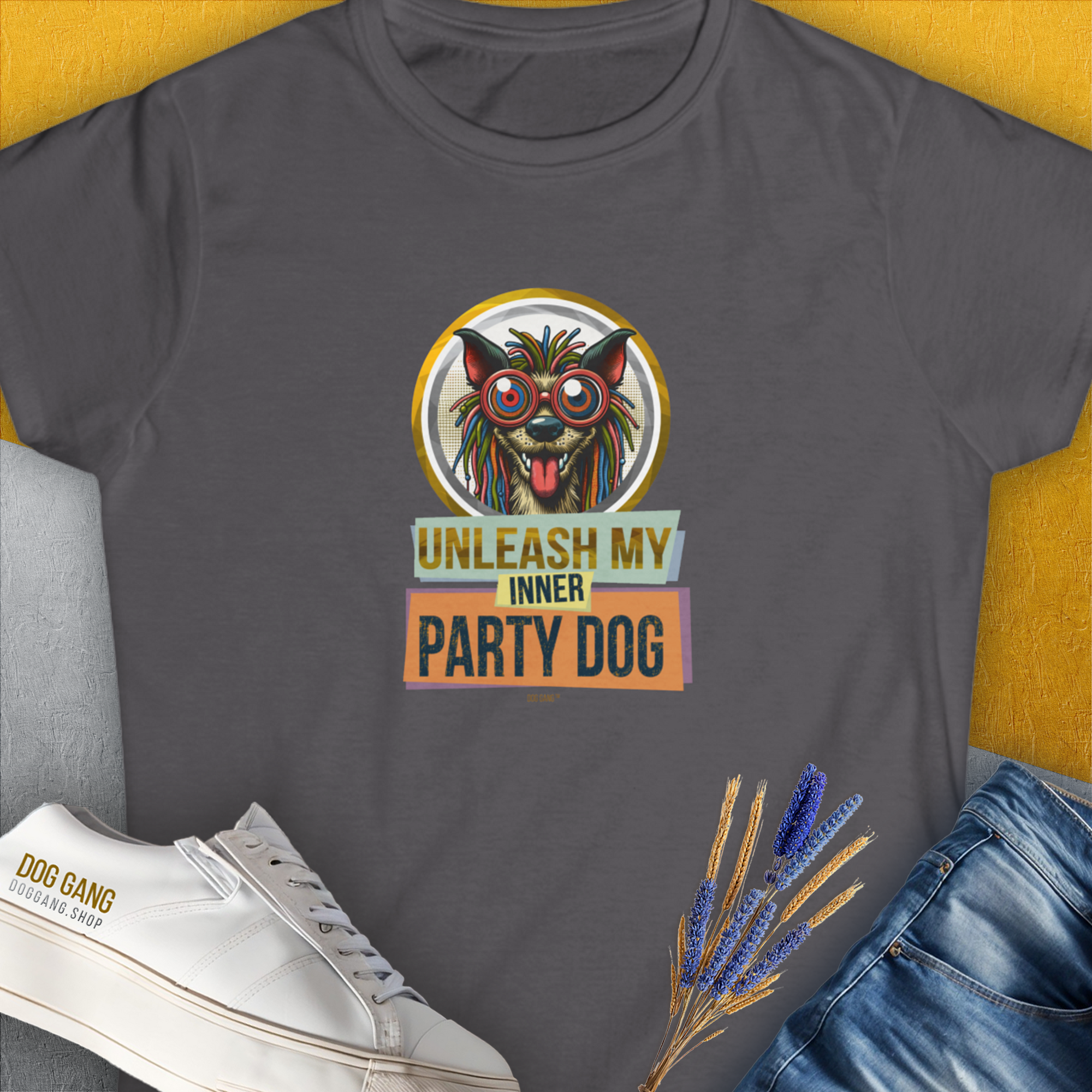 Funny dog shirt with the quote Unleash My Inner Party Dog from the Unleash-Series, Volume 3, with a weird cartoon dog. Designed by Dog Gang.