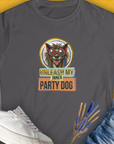 Funny dog shirt with the quote Unleash My Inner Party Dog from the Unleash-Series, Volume 3, with a weird cartoon dog. Designed by Dog Gang.