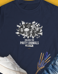 Womens navy T-shirt with playful puppy graphics and the quote Unleash the Party Animals Inside of Me. Perfect for dog lovers. Designed by Dog Gang.