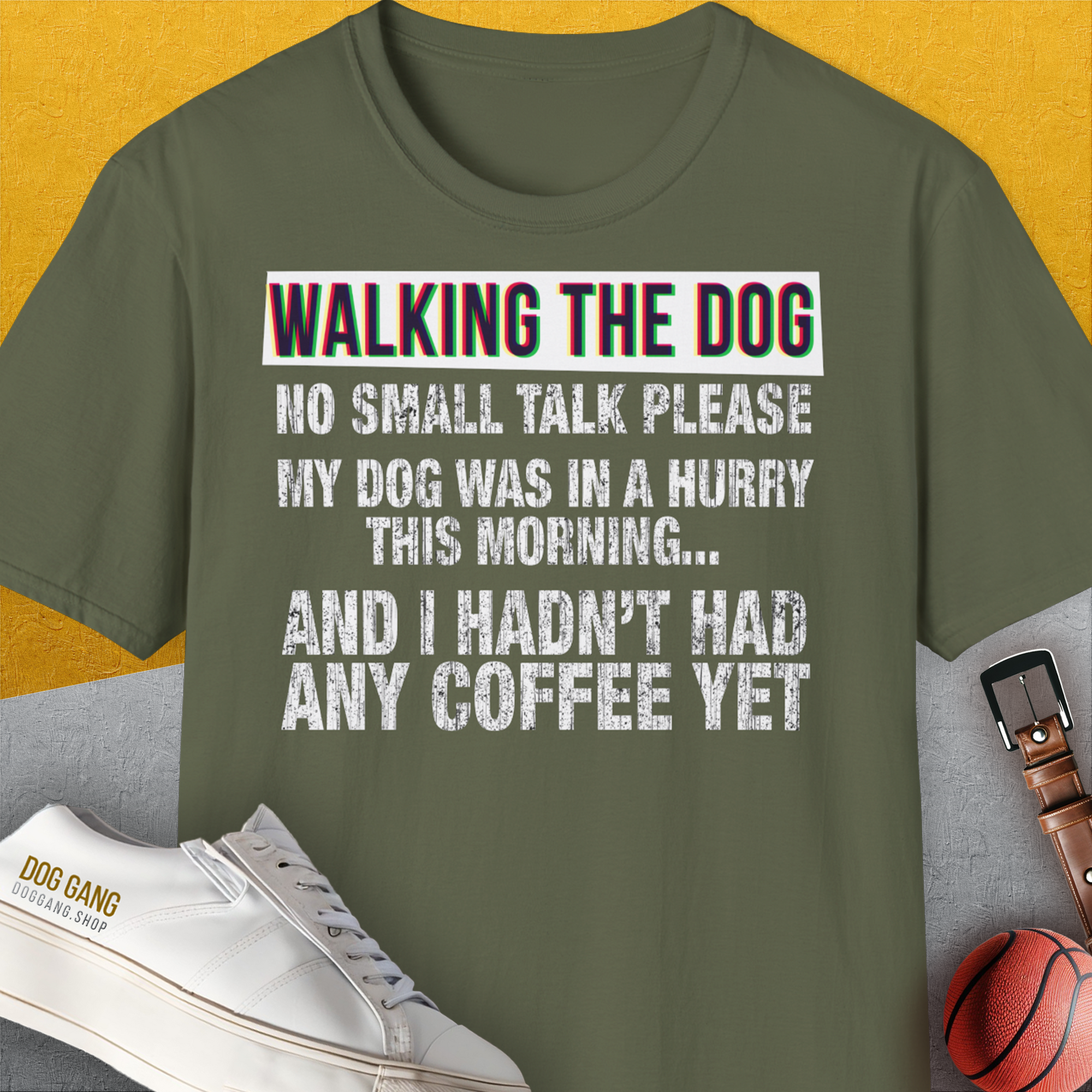 Walking The Dog Series One, Volume 2, Unisex T-Shirt-Military Green, Design by Dog Gang