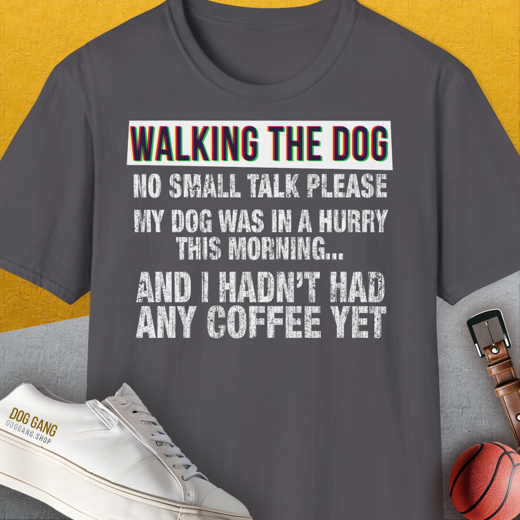 Walking The Dog Series One, Volume 2, Unisex T-Shirt-Charcoal. A perfect gift for dog lovers and dog owners. Design by Dog Gang