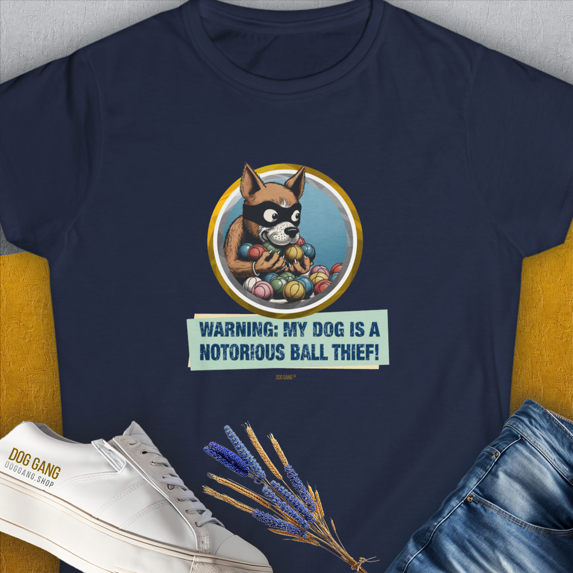 Warning: My Dog Is A Notorious Ball Thief, Volume 1, Women's T-Shirt-Navy, a cool and stylish design with a funny saying from Dog Gang