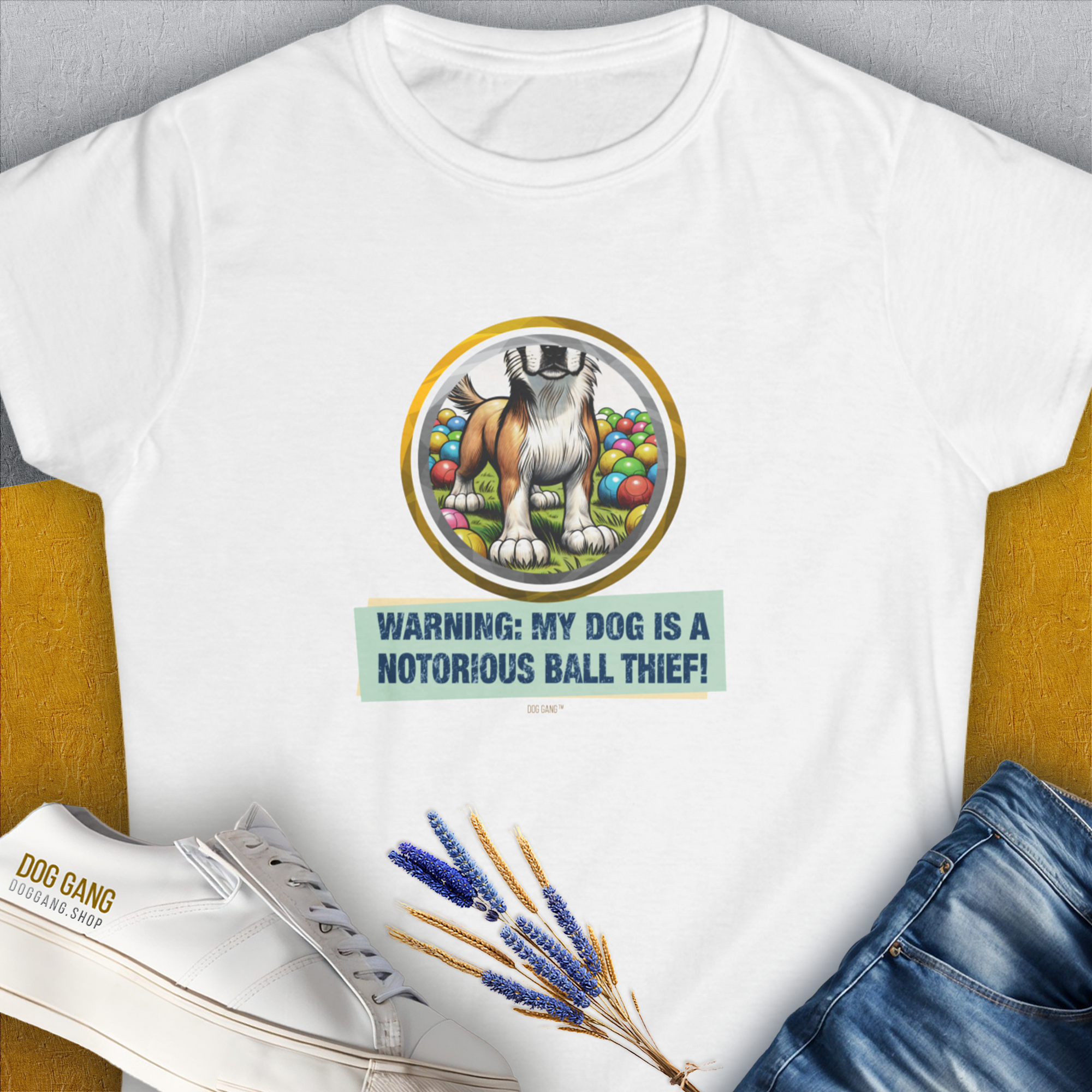 Warning: My Dog Is A Notorious Ball Thief, Volume 2, Women's T-Shirt-White. For dog lovers and dog owners. Design by Dog Gang