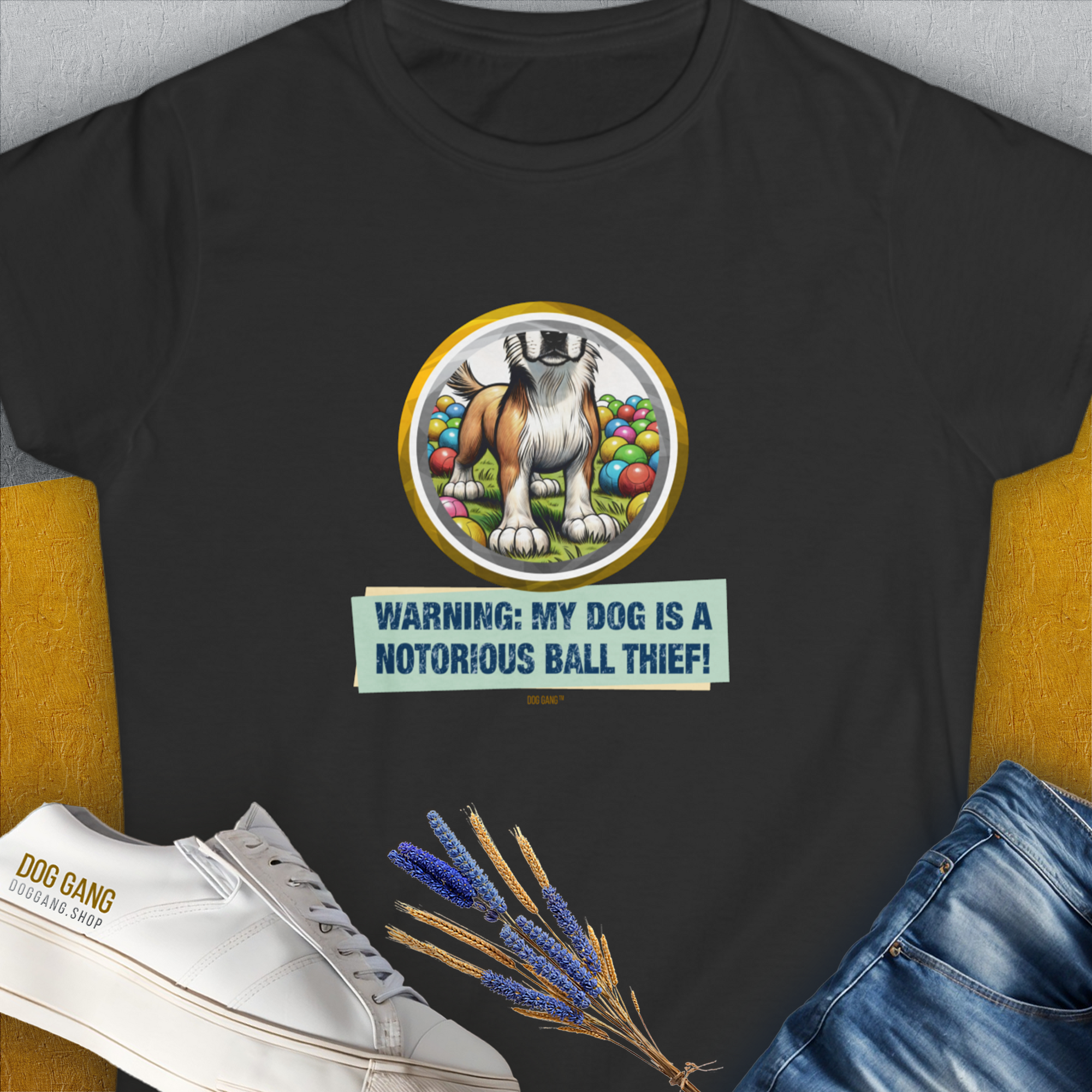 Warning: My Dog Is A Notorious Ball Thief, Volume 2, Women's T-Shirt-Black. A perfect gift for dog lovers and dog owners. Design by Dog Gang