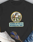 Warning: My Dog Is A Notorious Ball Thief, Volume 2, Women's T-Shirt-Black. A perfect gift for dog lovers and dog owners. Design by Dog Gang