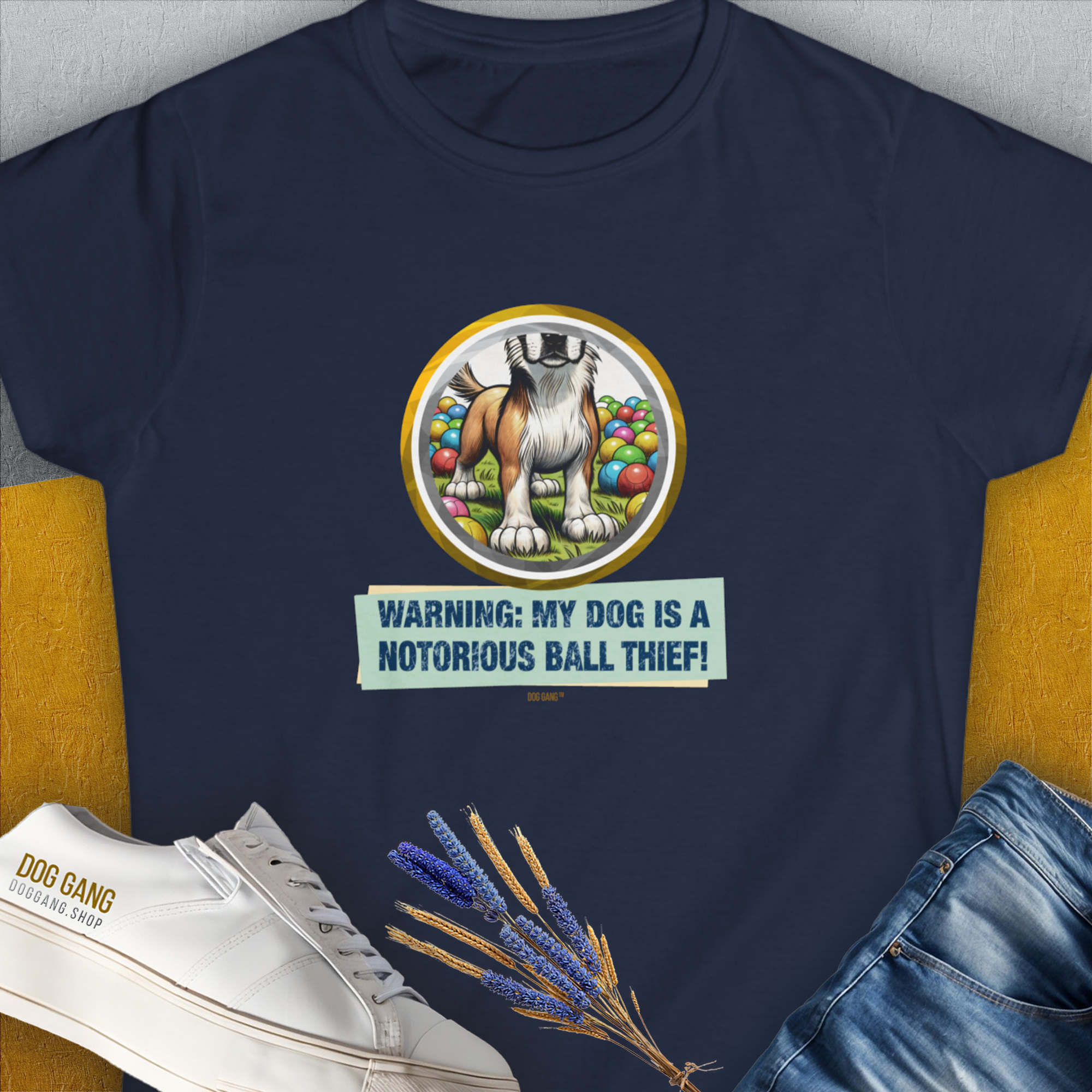 Warning: My Dog Is A Notorious Ball Thief, Volume 2, Women's T-Shirt-Navy. A dog-themed Design from Dog Gang