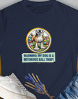 Warning: My Dog Is A Notorious Ball Thief, Volume 2, Women's T-Shirt-Navy. A dog-themed Design from Dog Gang