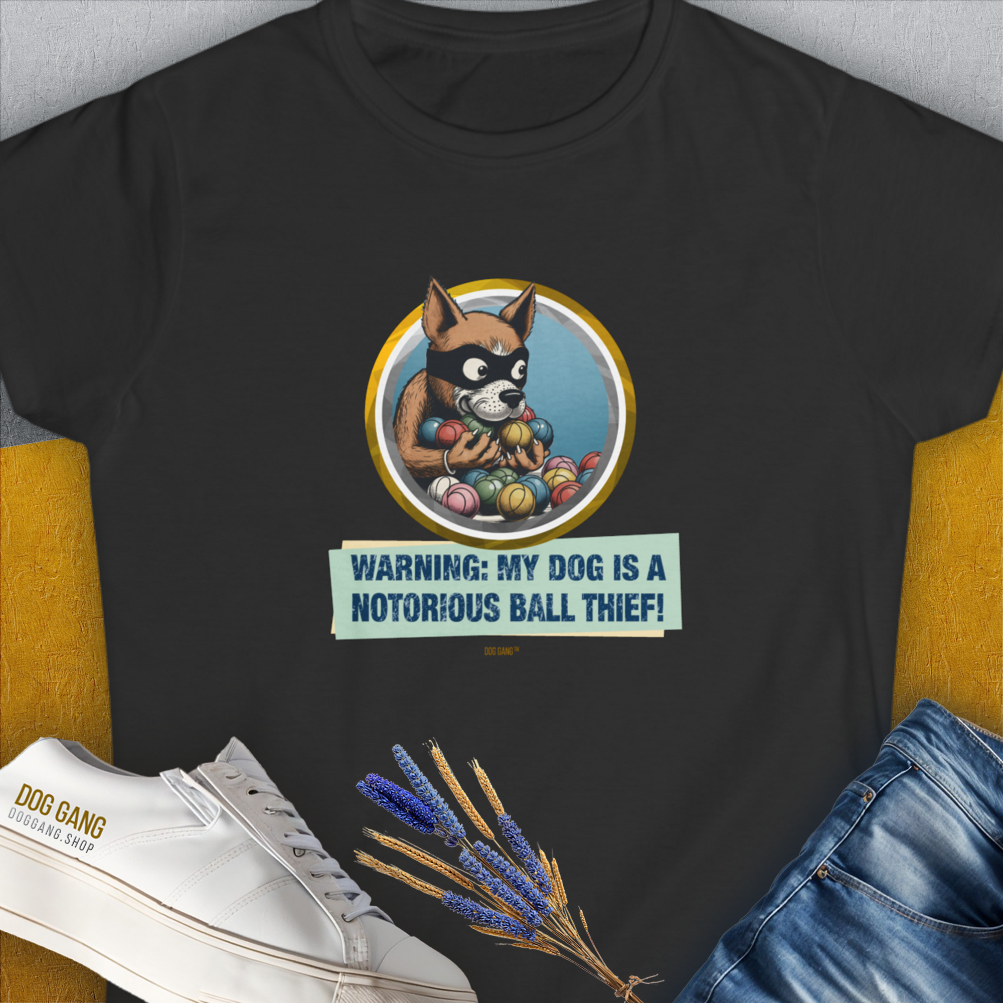 The Warning: My Dog Is A Notorious Ball Thief womens T-shirt features a cheeky dog illustration and playful text, perfect for any dog person. Designed by Dog Gang.