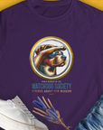 Womens T-Shirt in purple featuring a funny dog design with sunglasses and the quote: Watchdog Society, Serious About Our Mission. Ideal for any dog lover. Designed by Dog Gang.