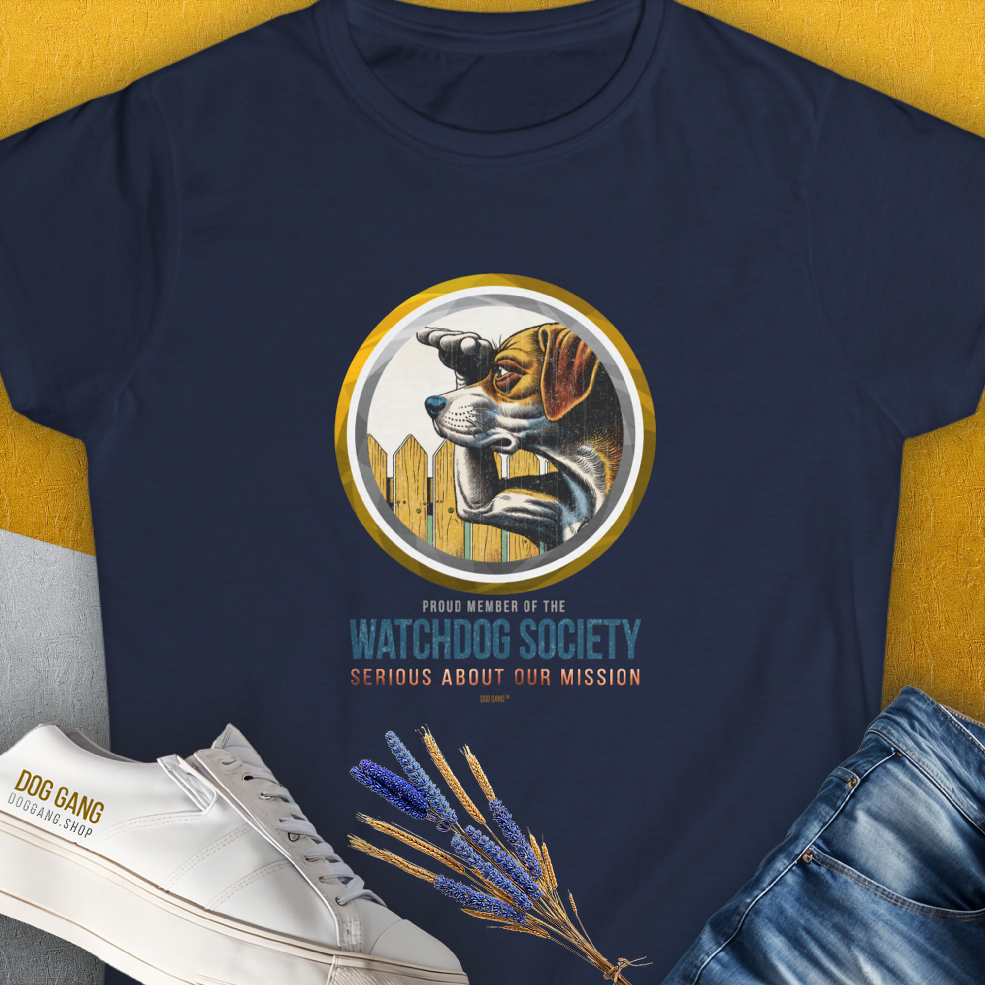 The Watchdog Society Series, Volume 2 from the popular funny series of the same name, showcases a attentive dog looking over the fence. For any dog lover. Designed by Dog Gang.