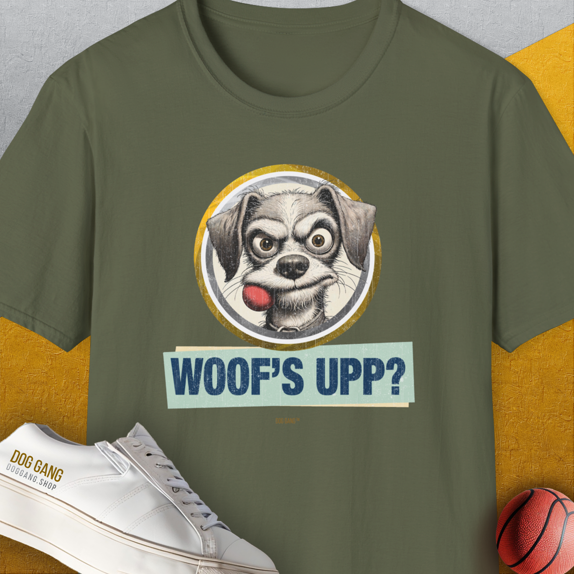 Woof's Upp? Volume 1, Unisex T-Shirt-Military Green, Design by Dog Gang