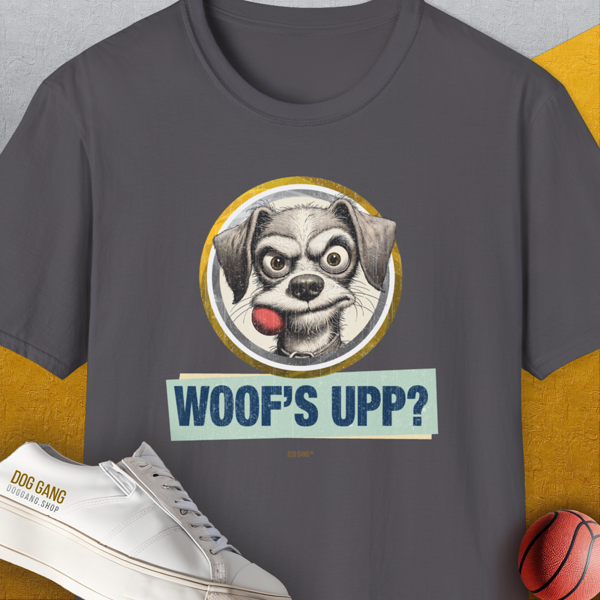 Woof's Upp? Volume 1, Unisex T-Shirt-Charcoal, Design by Dog Gang
