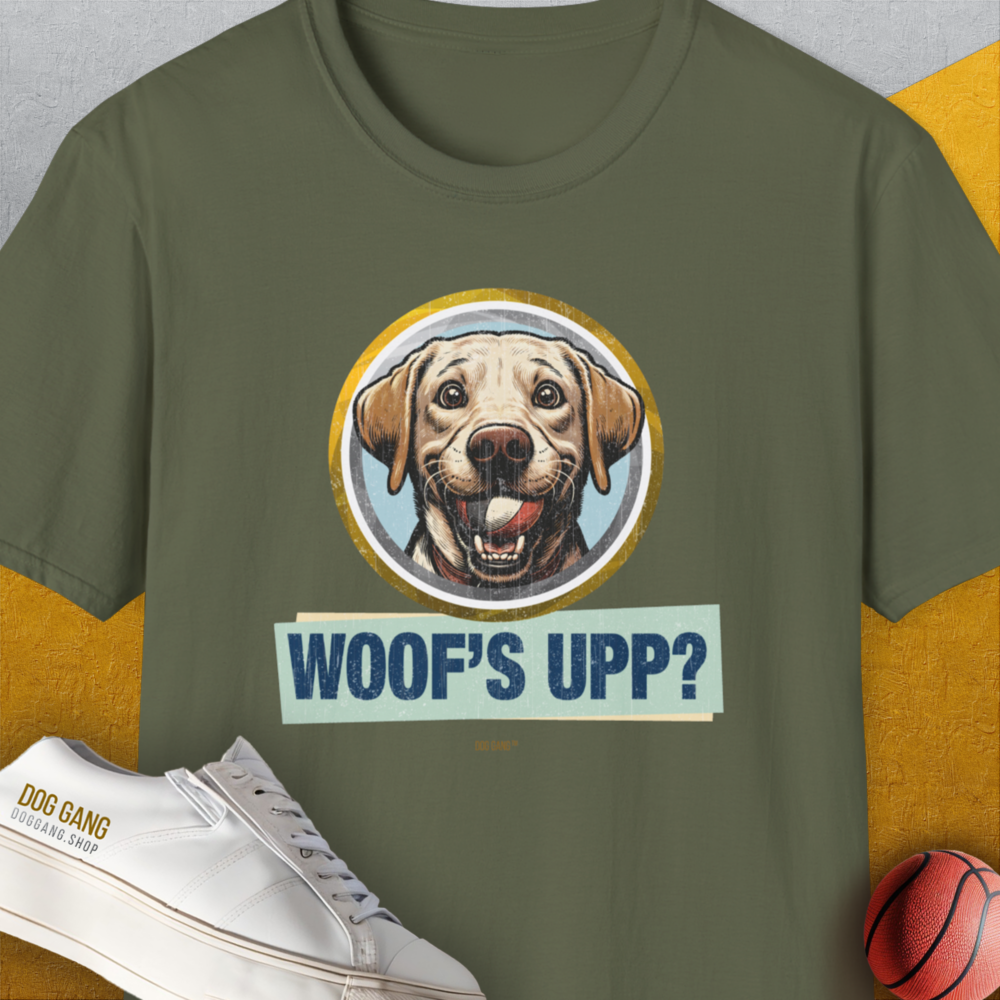 Woof's Upp? Volume 3, Unisex T-Shirt-Military Green, Design by Dog Gang