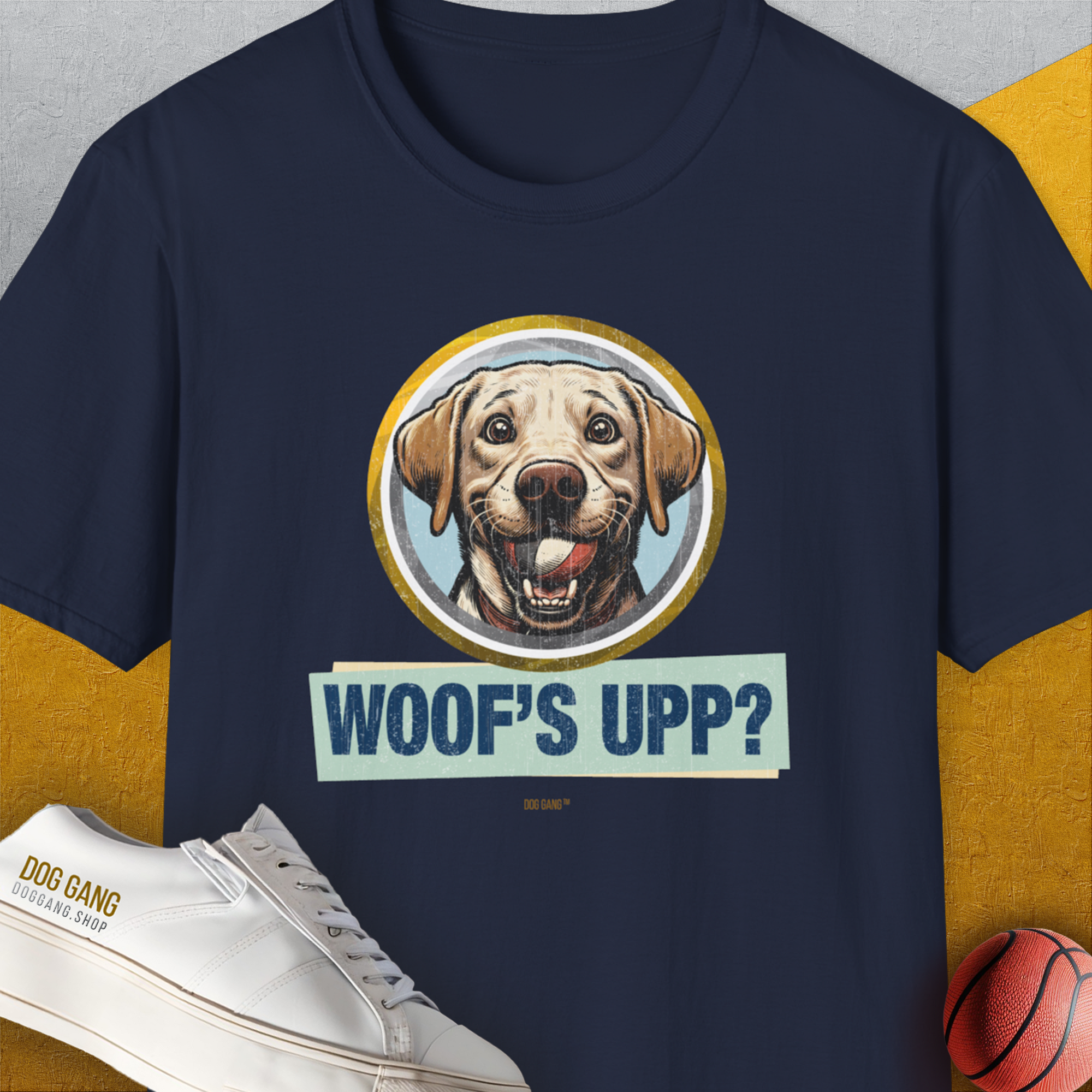 Woof's Upp? Volume 3, Unisex T-Shirt-Navy, a cool and stylish design with a funny saying from Dog Gang