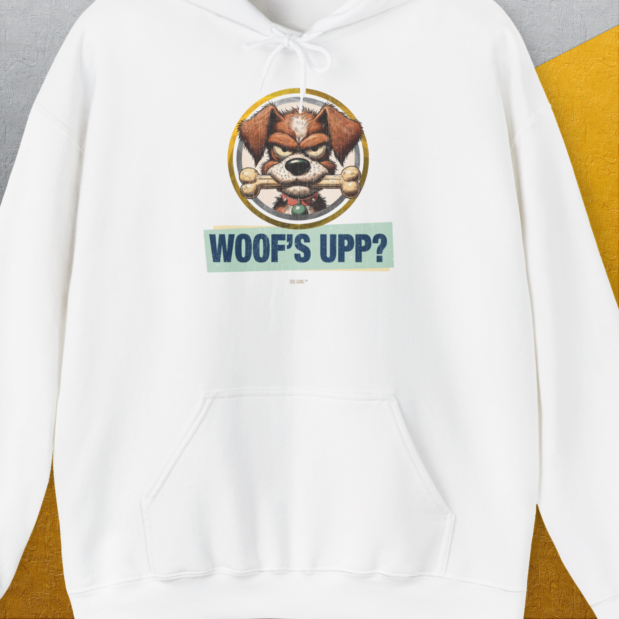 Woof's Upp? Volume 2, Unisex Hoodie-White, a cool and stylish design with a funny saying from Dog Gang