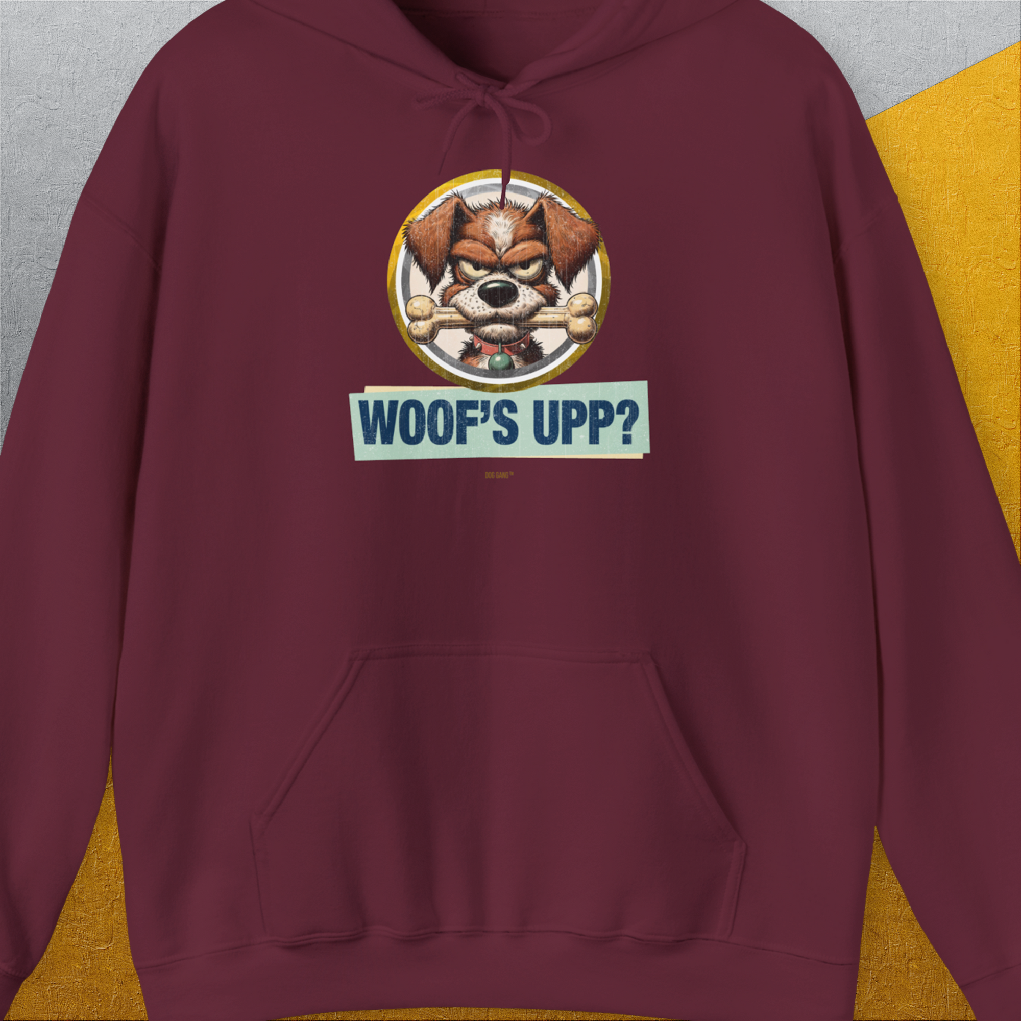 Woof's Upp? Volume 2, Unisex Hoodie-Maroon, Design by Dog Gang