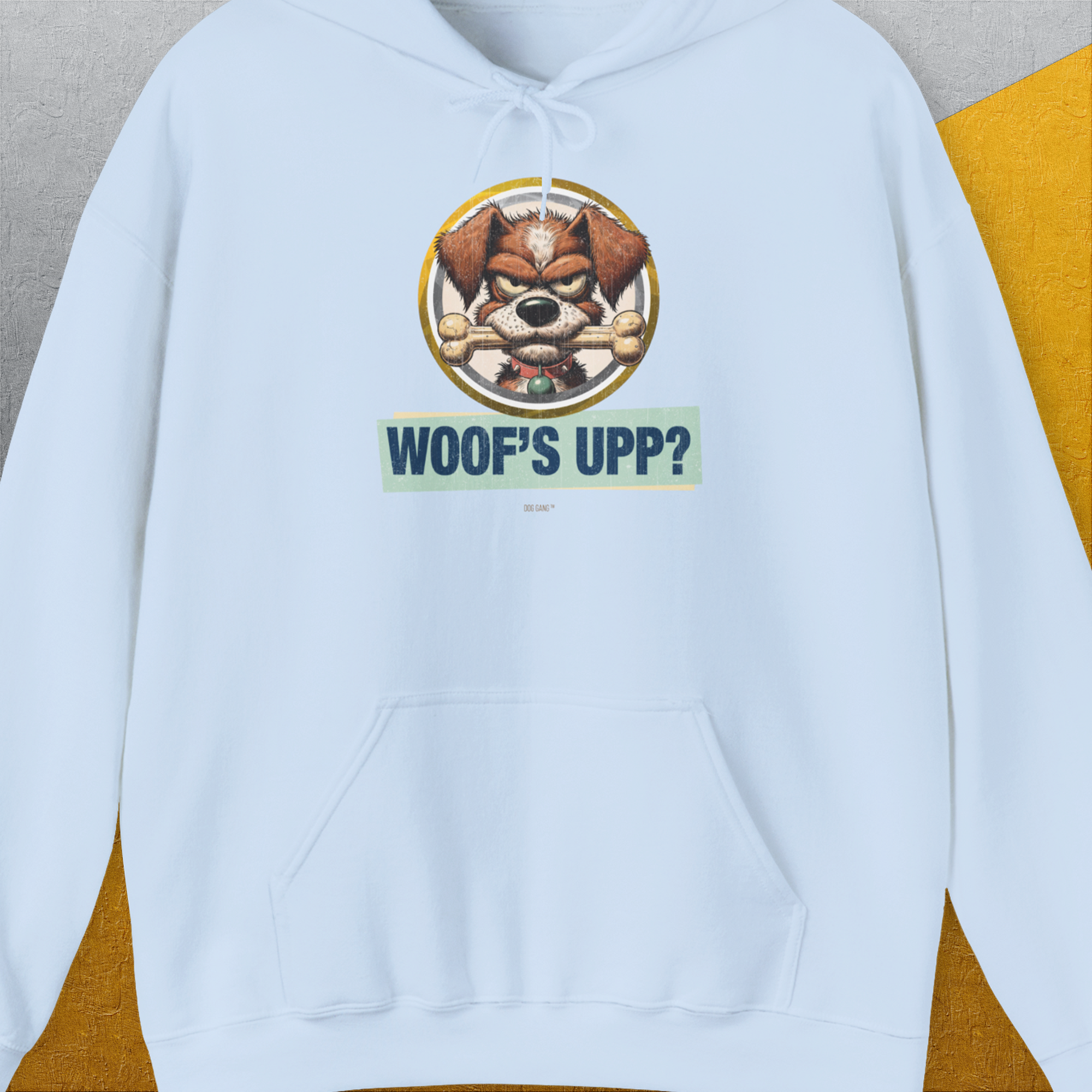 Woof's Upp? Volume 2, Unisex Hoodie-Light Blue. A perfect gift for dog lovers and dog owners. Design by Dog Gang
