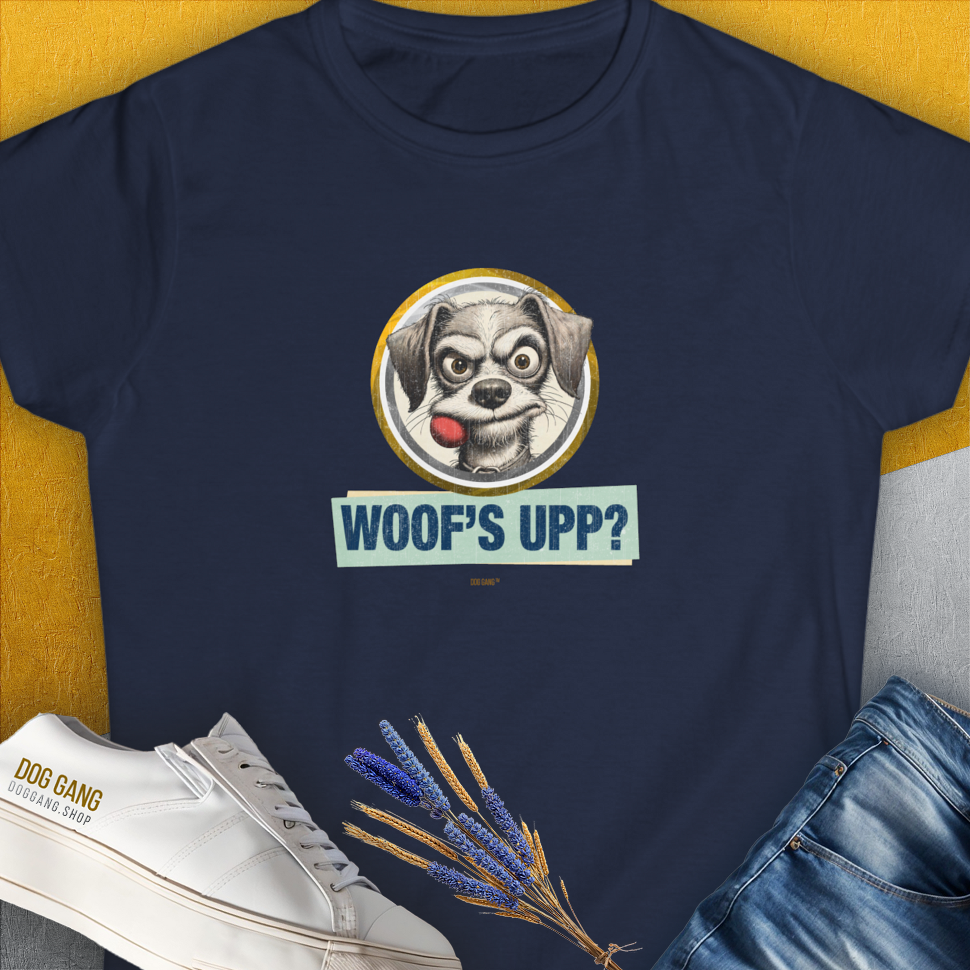 Navy "Woofs Upp?" Volume 1 from the popular WOOFS UPP?-series, womens T-shirt featuring a cute cartoon dog and playful text, made from soft ringspun cotton. Designed by Dog Gang.