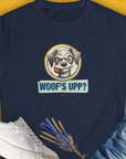 Navy "Woofs Upp?" Volume 1 from the popular WOOFS UPP?-series, womens T-shirt featuring a cute cartoon dog and playful text, made from soft ringspun cotton. Designed by Dog Gang.