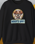 Unisex black sweatshirt, Woofs Upp? Volume 2, featuring funny design of a dog holding a bone with playful text. Designed by Dog Gang.