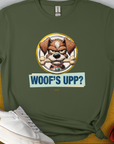 The Woofs Upp? Volume 2 unisex t-shirt features a cartoon angry dog with the text WOOFS UPP? A must-have for any funny dog shirt collection. Designed by Dog Gang.