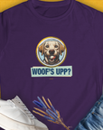The Woofs Upp? Volume 3 womens t-shirt in purple showcases a funny dog print and is crafted from ringspun cotton. Designed by Dog Gang.