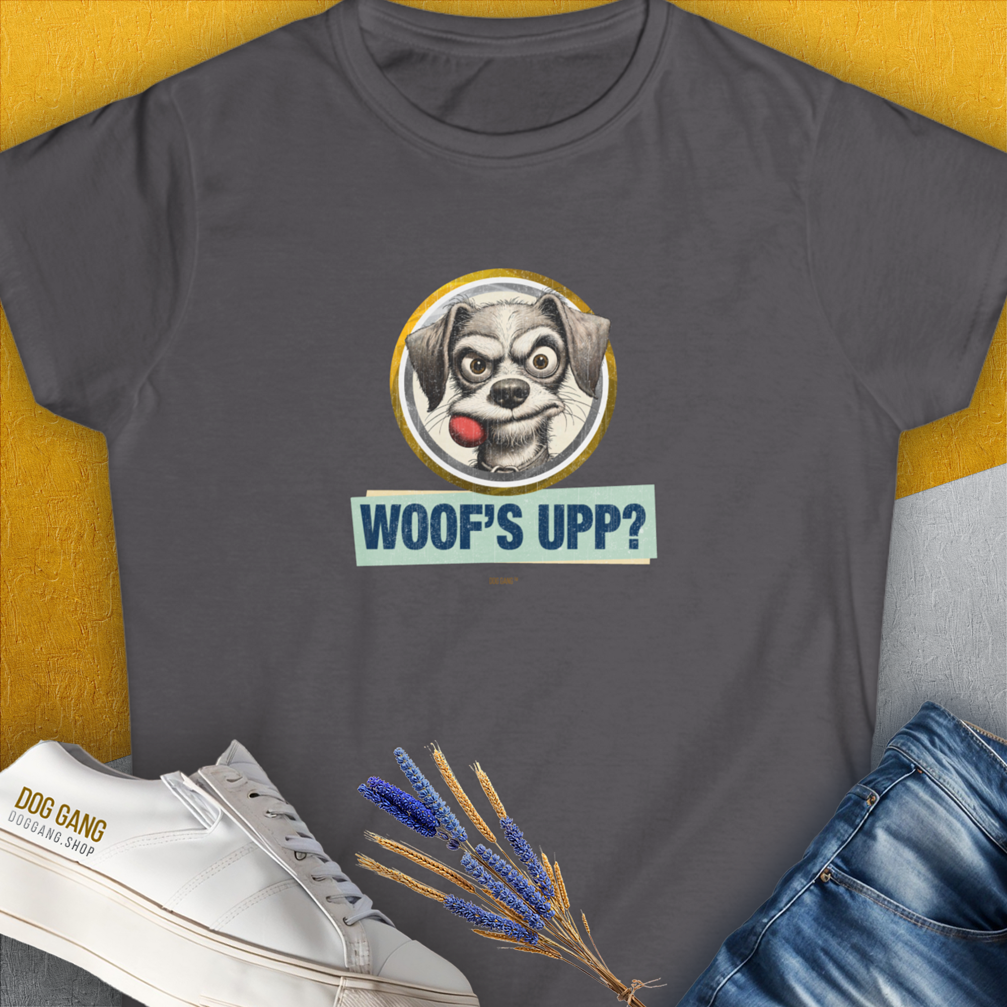 Woof's Upp? Volume 1, Women's T-Shirt-Charcoal. A dog-themed Design from Dog Gang