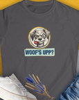 Woof's Upp? Volume 1, Women's T-Shirt-Charcoal. A dog-themed Design from Dog Gang