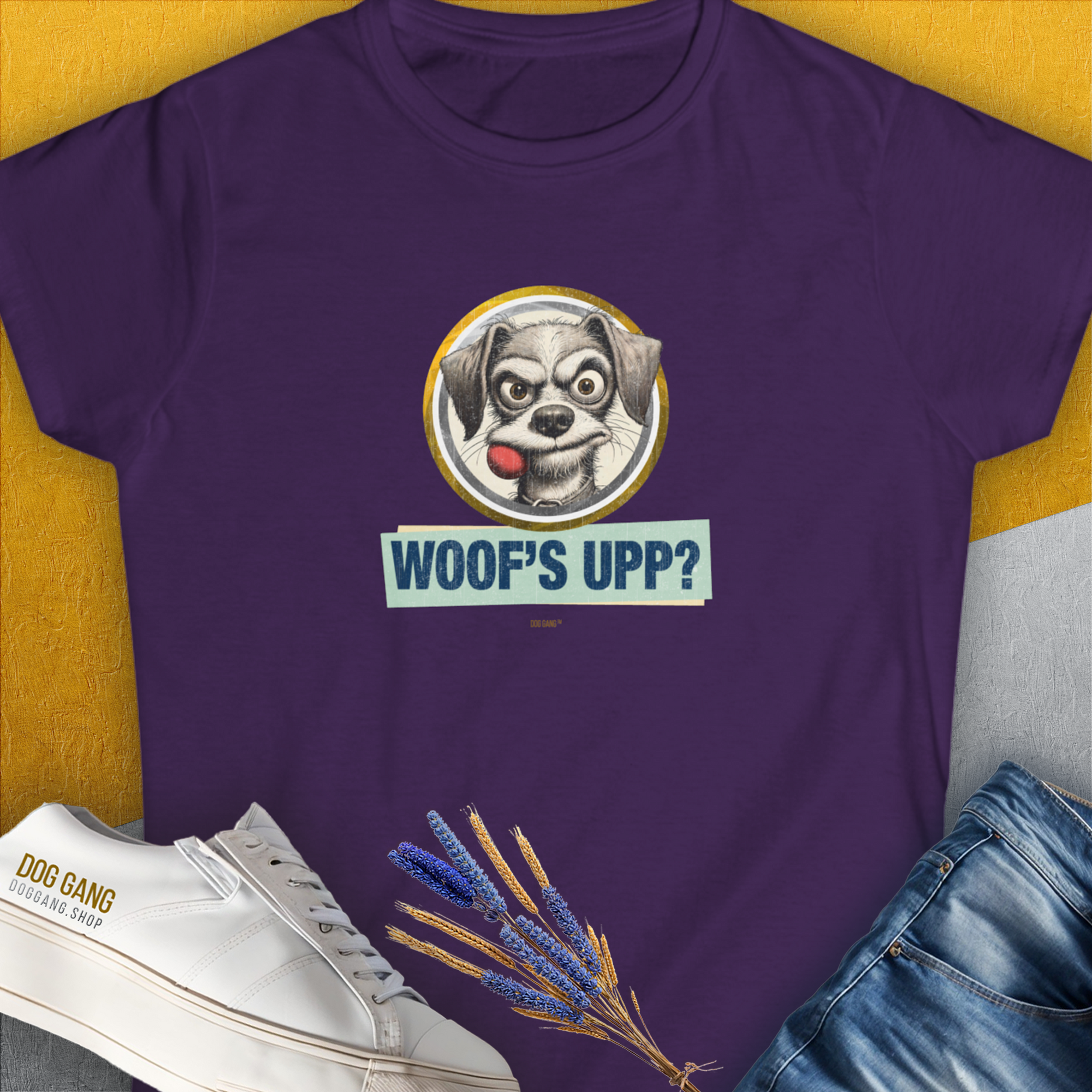 Woof's Upp? Volume 1, Women's T-Shirt-Purple, a cool and stylish design with a funny saying from Dog Gang