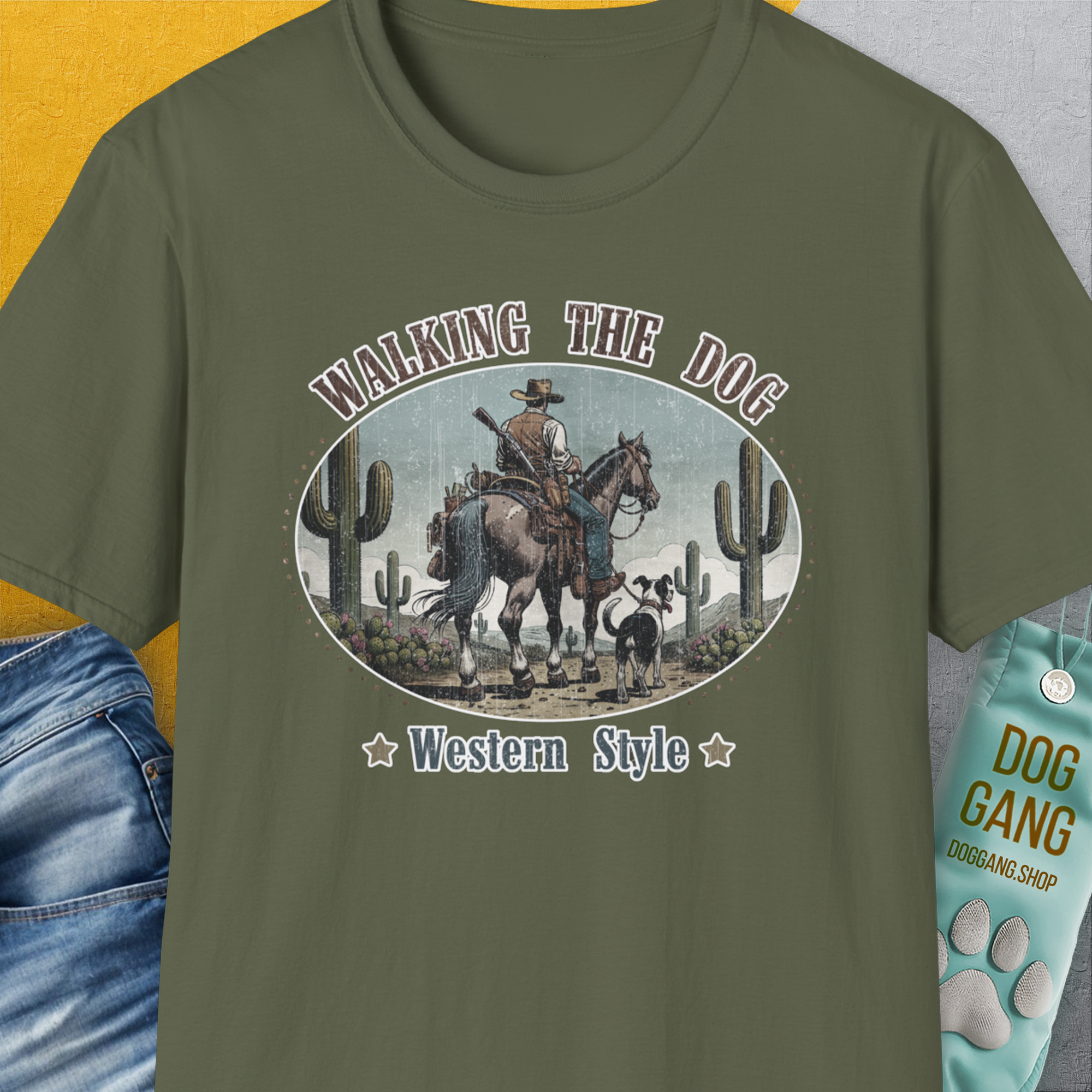 Walking The Dog, Western Style, Volume 2, Unisex T-Shirt-Military Green, Design by Dog Gang