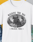 Walking The Dog, Western Style, Volume 3, Unisex T-Shirt-White. A perfect gift for dog lovers and dog owners. Design by Dog Gang