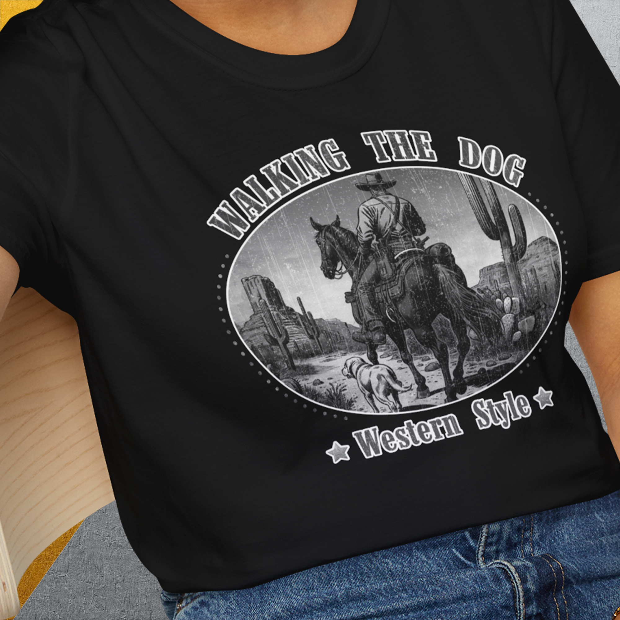 Walking The Dog, Western Style, Volume 3, Unisex T-Shirt-. For dog lovers and dog owners. Design by Dog Gang